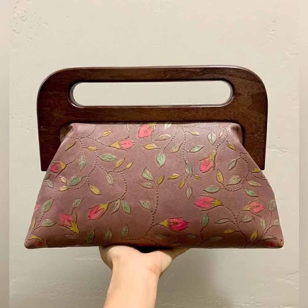 Handmade Genuine Embossed Leather Large Wooden Frame Handbag